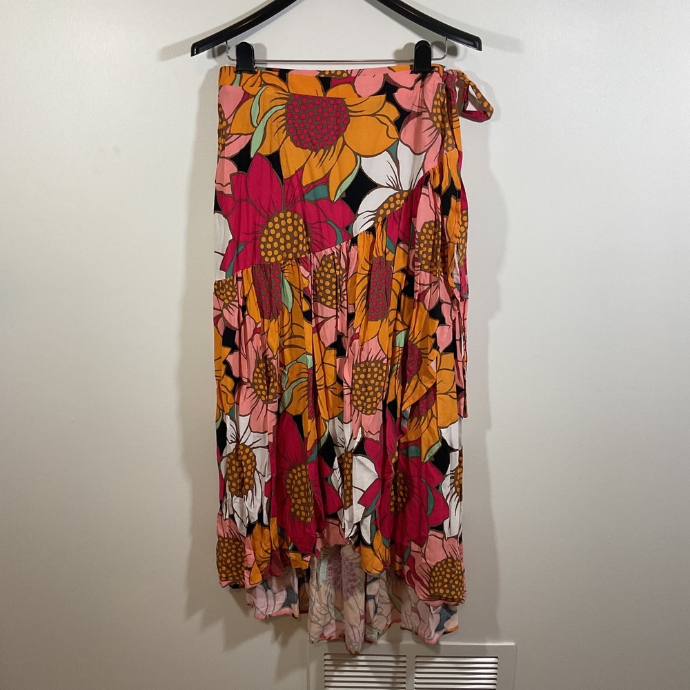 Cynthia Rowley Floral Sunflower Wrap Midi Skirt M High Low Tropical Flowy Resort